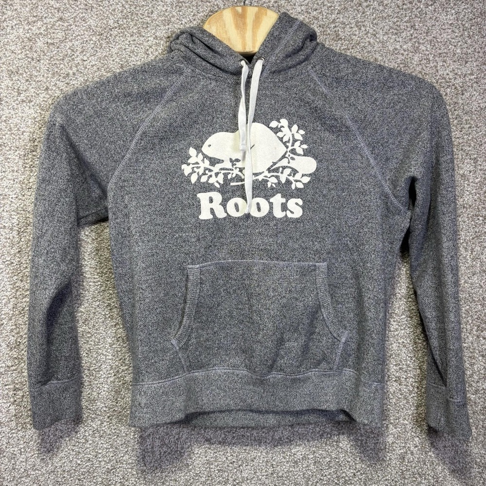 Roots Hoodie Womens Small Gray Fleece Pullover Kangaroo Pocket Graphic Logo